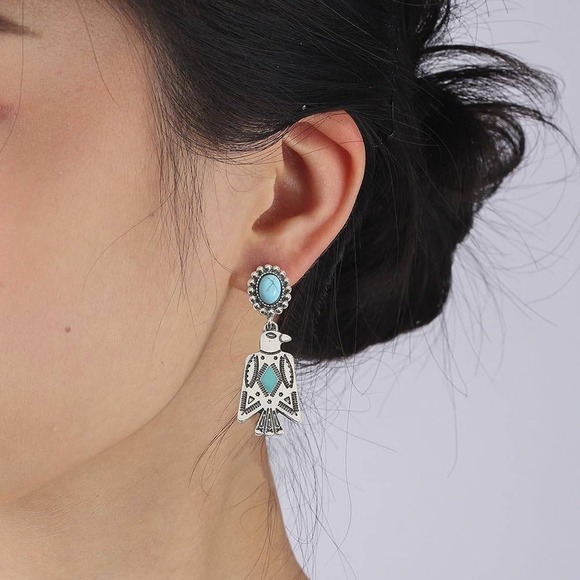 Boutique Plus Jewelry - Boho bird Turquoise Drop Earrings aztec Southwestern Silver Tone Tribal Jewelry